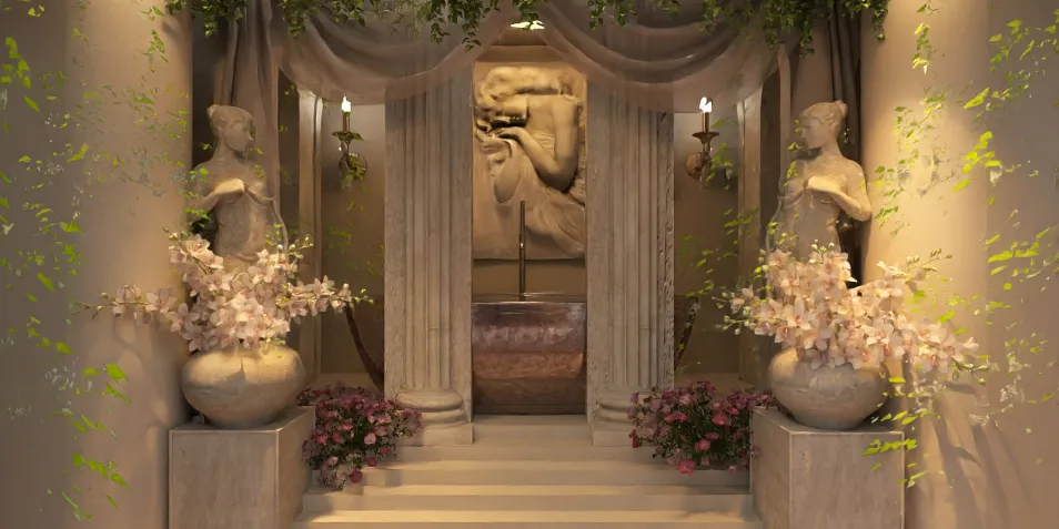Elegant entrance area featuring classical sculptures and floral arrangements, designed using Homestyler for interior decor inspiration, showcasing a luxurious ambiance with 3D rendering capabilities.