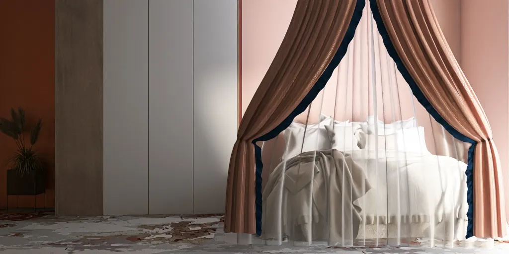 a room with a white curtain and a white bed 