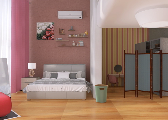 A simple bedroom with mini walkincloset Design Rendering