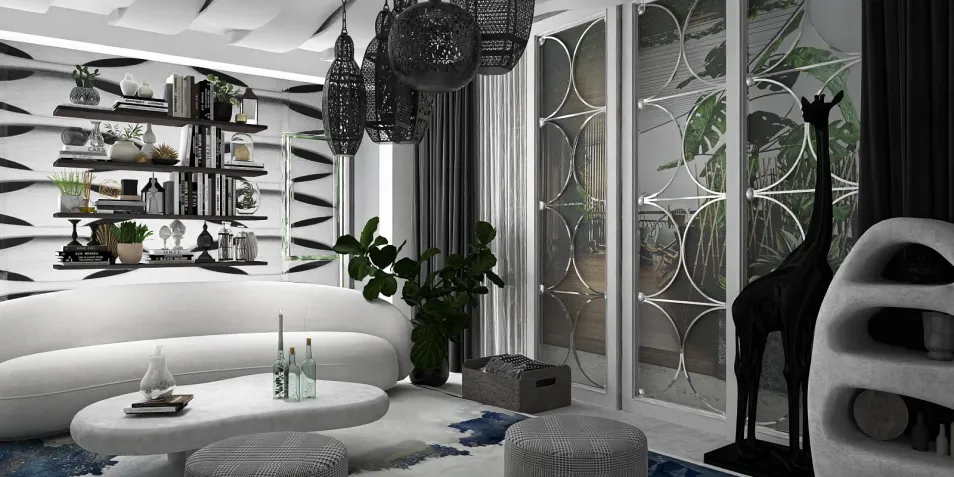 modern living room with unique furniture arrangement featuring an elegant white sofa, stylish decor, and contemporary lighting; perfect for showcasing interior design concepts using Homestyler's real-time 3D rendering.