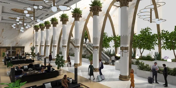 luxurious hotel lobby featuring elegant arches and lush greenery, enhancing the interior design with a modern touch, utilizing Homestyler's real-time 3D rendering for effective space visualization.
