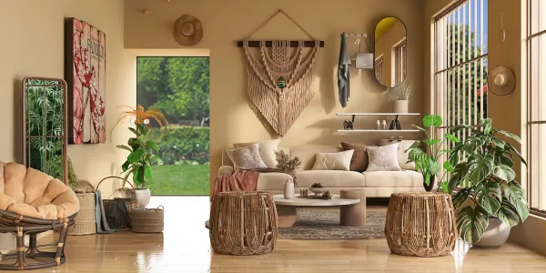 modern living room featuring a cozy sofa arrangement with natural textures and greenery, designed using Homestyler's real-time 3D rendering to showcase a warm and inviting atmosphere.