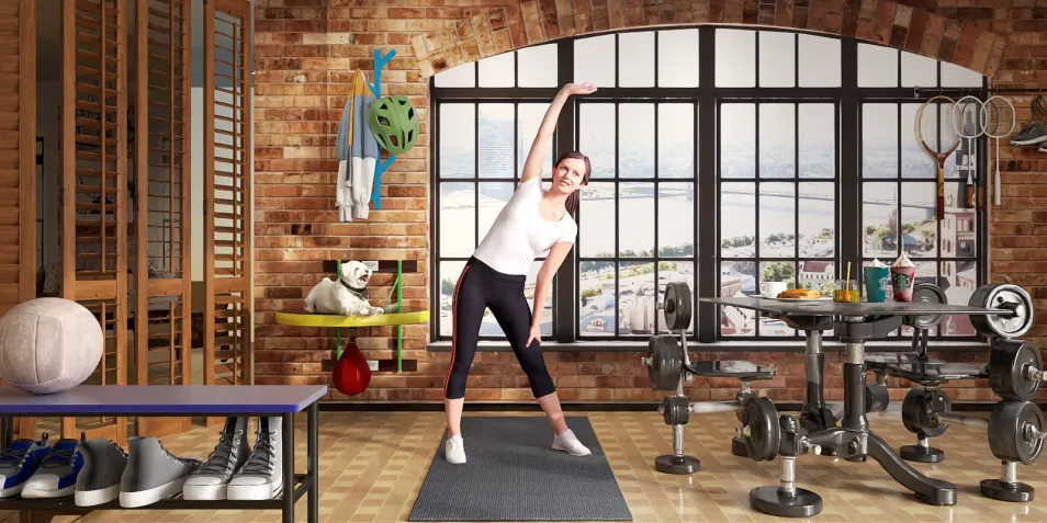 a woman stretching in a home gym with rustic brick walls and large windows, showcasing an active lifestyle that incorporates smart furniture arrangement, utilizing Homestyler's 3D rendering feature