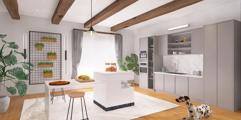 a kitchen with a white table and a white wall 