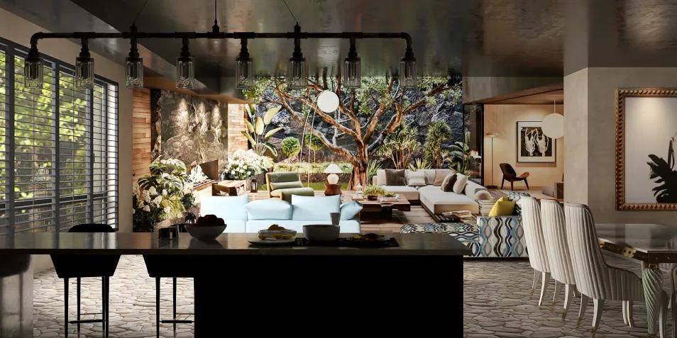 modern living room with open layout featuring vibrant plants and comfortable seating, showcasing interior design style that enhances space, utilizing Homestyler's real-time 3D rendering for effective design visualization.