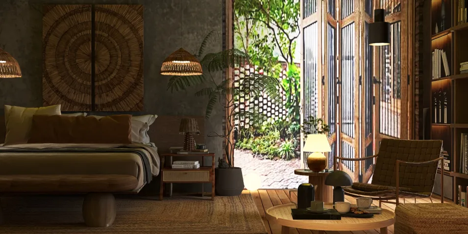 cozy bedroom featuring wooden furniture and natural light flowing in through the open doors, designed in a bohemian style with a focus on sustainable interior decor, utilizing Homestyler's real-time 3D rendering for design previews.