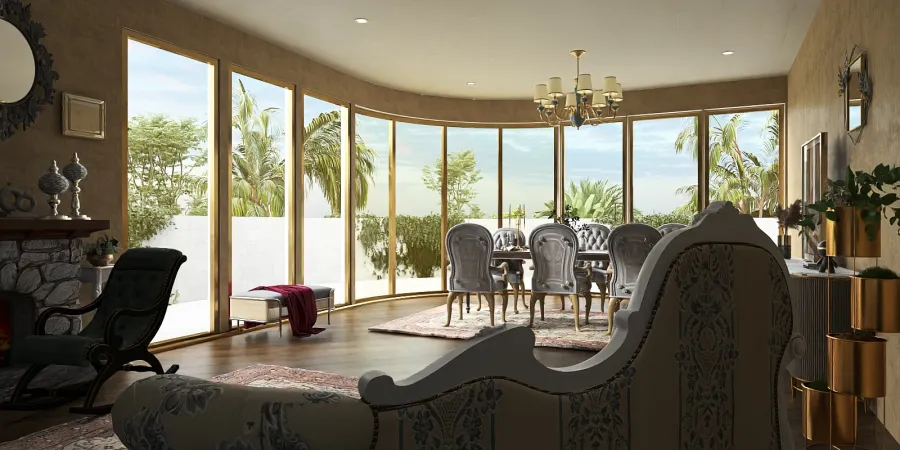 a living room with a large window and a large dining room table 