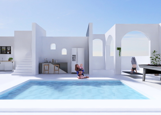 Área de piscina com espaço para cozinha  Design Rendering