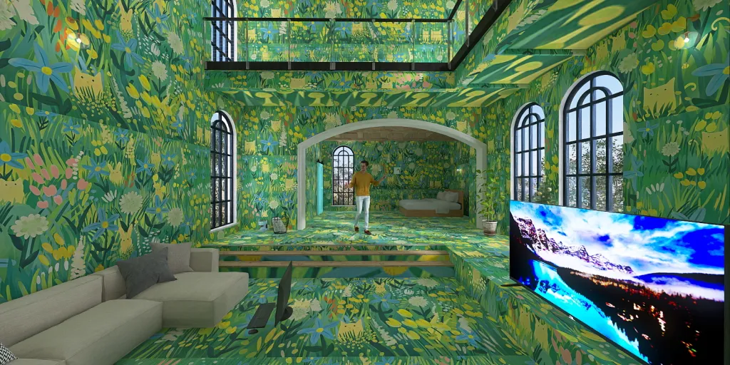 a living room with a large green wall and a large blue wall 