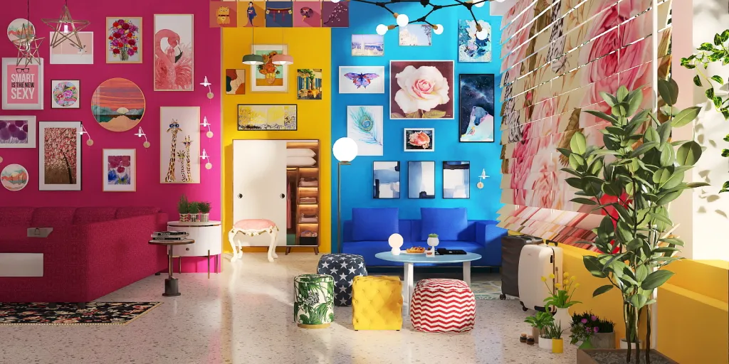 a living room filled with furniture and a pink wall 