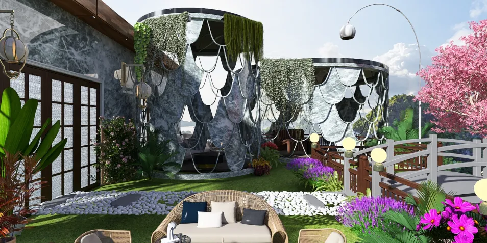 Outdoor garden design featuring modern stone structures with hanging greenery, enhancing the aesthetic and functional value of the space using Homestyler's real-time 3D rendering for interior design.