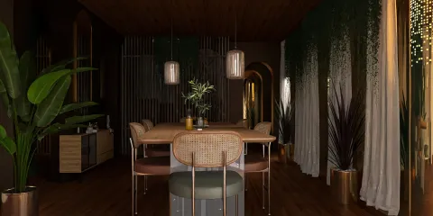 a modern dining area featuring a wooden table with cane chairs, showcasing an earthy aesthetic, ideal for creating a harmonious living space, enhanced by Homestyler's real-time 3D rendering feature.