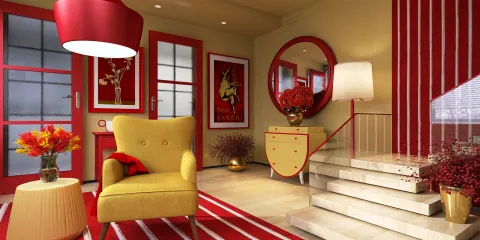 vibrant living room with yellow armchair and red accents featuring 3D rendering and modern design elements, ideal for interior decor inspiration using Homestyler's real-time rendering feature.