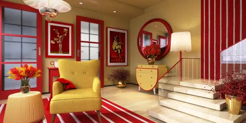 cozy living room featuring a vibrant yellow armchair and red decor, showcasing an interior design style with bold colors and elegant furnishings, utilizing Homestyler's real-time 3D rendering feature for a realistic renovation preview.