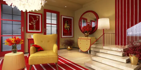 stylish living room with vibrant red and yellow decor featuring a modern armchair, optimized for small spaces using smart furniture arrangement, showcasing Homestyler's real-time 3D rendering feature.