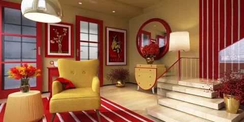 vibrant living room design featuring a yellow armchair and red accents, showcasing a modern style that enhances small spaces using Homestyler's real-time 3D rendering feature.