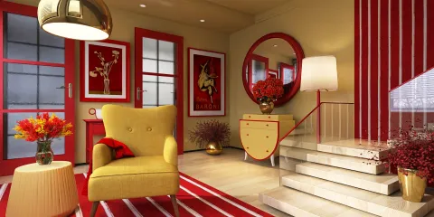 Contemporary living room featuring a stylish yellow armchair and vibrant red accents, showcasing smart furniture arrangement for small spaces using Homestyler's interior design tools.