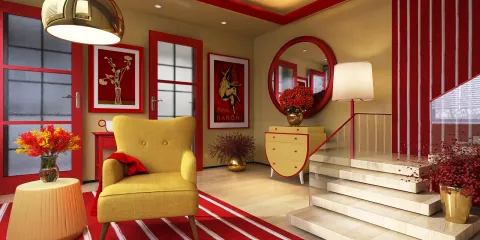 Cozy living room design featuring a yellow armchair and red accents, showcasing a modern aesthetic and vibrant decor elements, utilizing Homestyler's real-time 3D rendering for an immersive interior design experience.