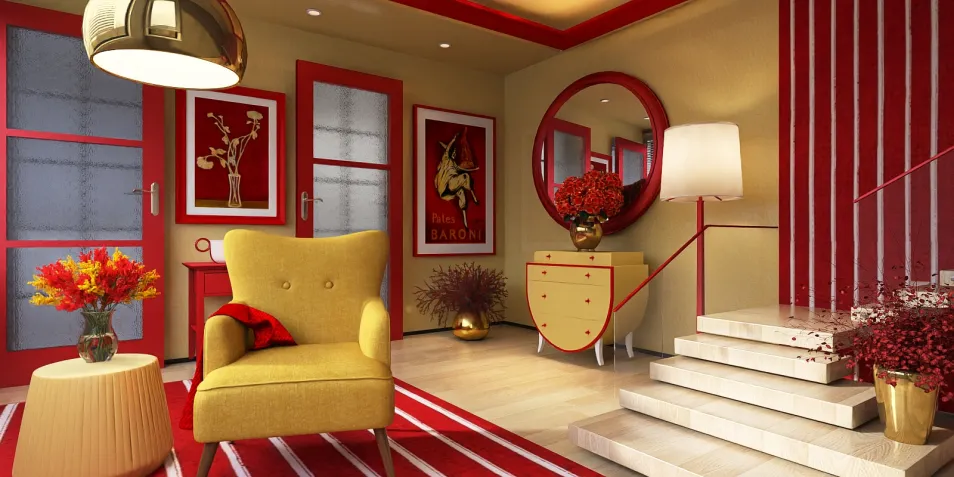 modern living room featuring yellow armchair and red accents, showcasing interior decor principles, designed with Homestyler's real-time 3D rendering feature.