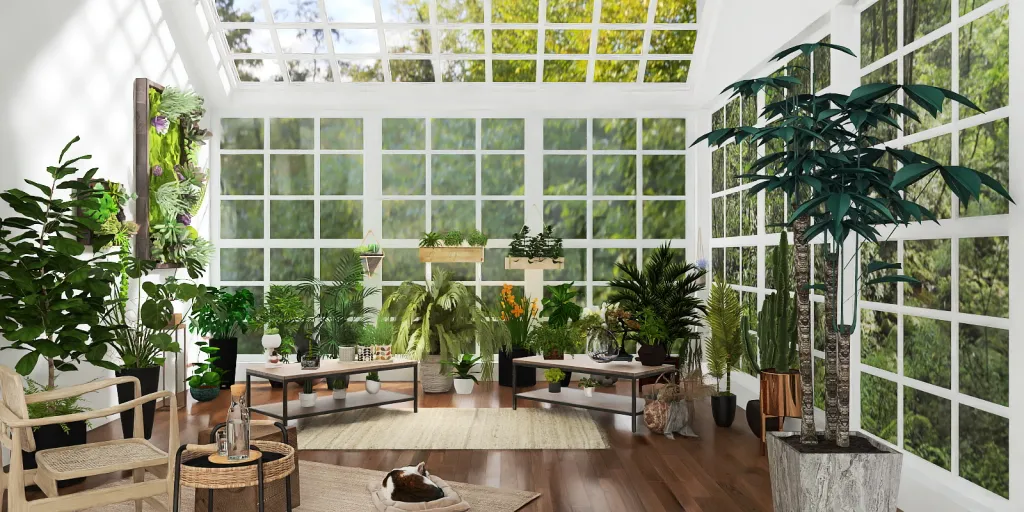 a large room with a large window and a large plant 