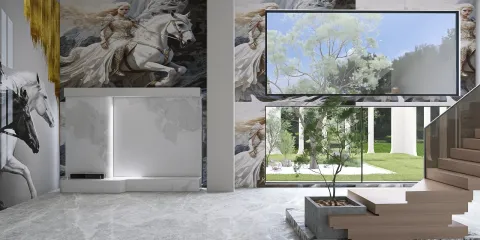 modern living space featuring a grand staircase and wall art with equestrian themes, showcasing a blend of contemporary design and classical elements, utilizing Homestyler's real-time 3D rendering for an immersive experience.