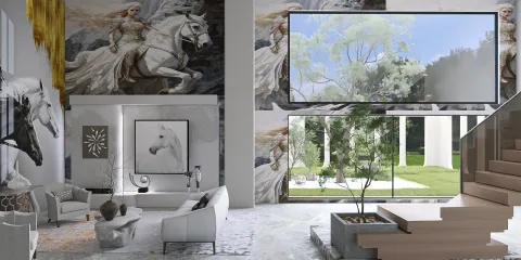 luxurious living room featuring contemporary furniture and artwork with a large screen display, showcasing a serene atmosphere for interior decor, utilizing Homestyler's real-time 3D rendering for design visualization