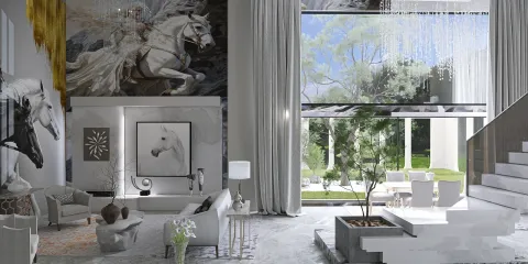 spacious living room featuring elegant furniture arrangement in modern style with a focus on art pieces that enhance interior decor; utilizing Homestyler's real-time 3D rendering for design proposal visualization.