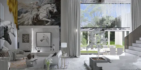 modern living room with horse-themed decor featuring large windows, showcasing elegance and comfort, utilizing Homestyler's real-time 3D rendering for design preview.