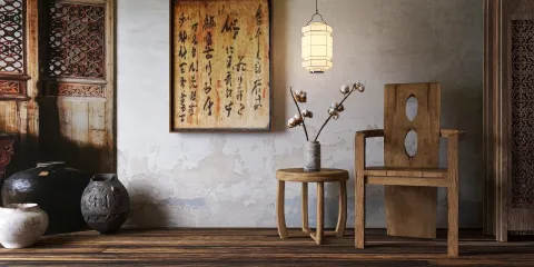 A wooden chair with a circular design complements the rustic styling of a traditional interior, enhancing the value of space with Homestyler's smart furniture arrangement feature.