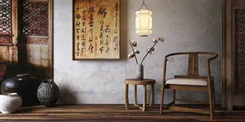 wooden chair and side table in a serene minimalist interior design with Asian influences, showcasing Homestyler's real-time 3D rendering feature for effective space visualization.