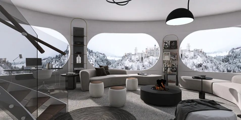 modern living room with fireplace and panoramic windows showcasing winter scenery, featuring smart furniture arrangement for space optimization, utilizing Homestyler's real-time 3D rendering for design preview.