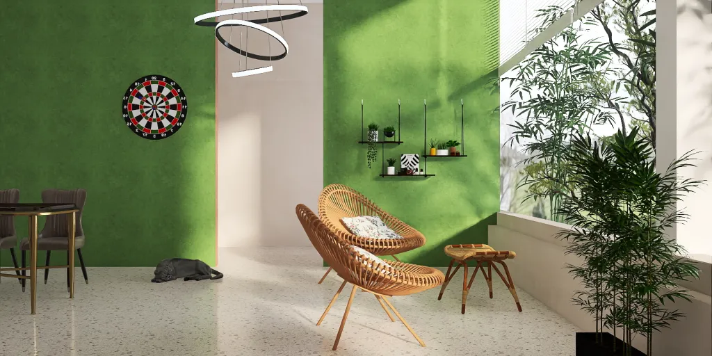 a living room with a green chair and a green wall 