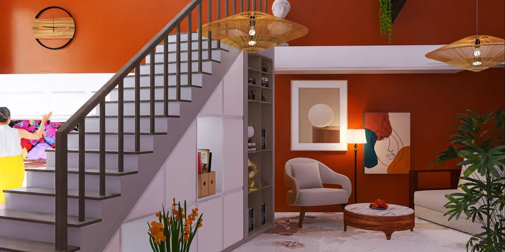 a living room with a staircase leading to a balcony 