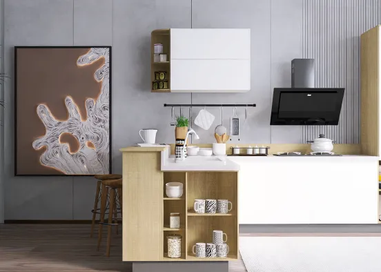 A cute little brown tan kitchen. Design Rendering
