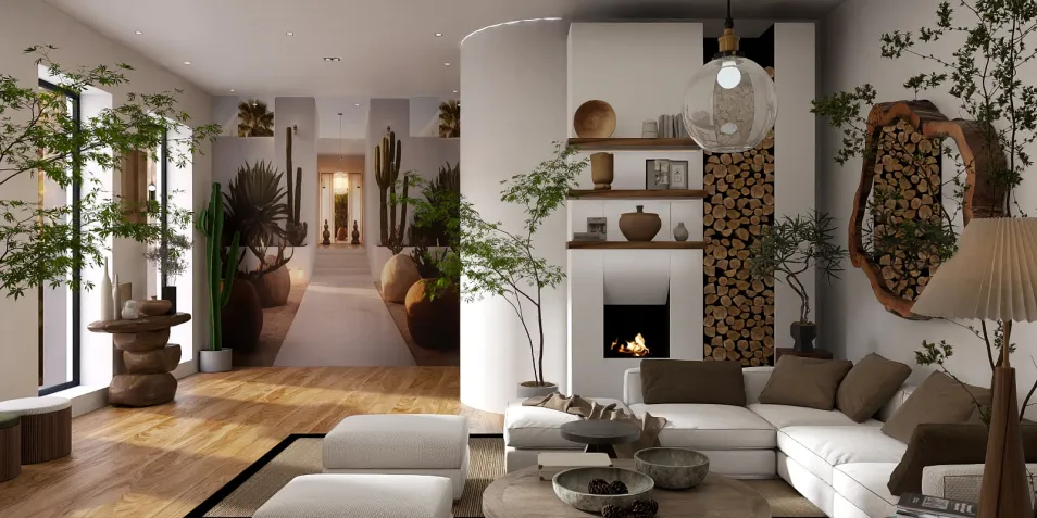 Modern living room with a cozy sofa arrangement, featuring a stylish wood log accent wall and greenery integration, showcasing an interior design blend suitable for urban homes, utilizing Homestyler's real-time 3D rendering capability.