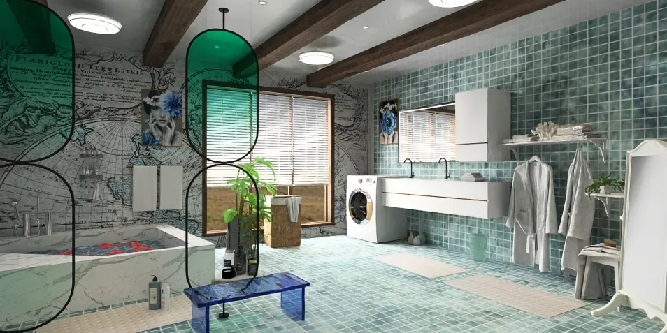 modern bathroom design featuring a relaxing bathtub, stylish green glass partition, and contemporary fixtures in a serene blue tile style, showcasing interior decor ideas with Homestyler's real-time 3D rendering feature.