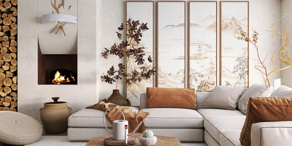 modern living room design with cozy beige sectional sofa and elegant wall art featuring nature scenes, showcasing interior decor ideas for a warm and inviting space, utilizing Homestyler's real-time 3D rendering feature for effective visual previews.