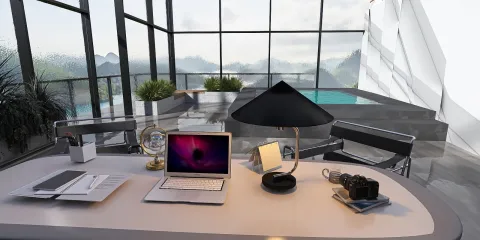 modern office workspace designing with a sleek desk and stylish furniture in a contemporary style featuring a panoramic view, optimizing small space using Homestyler's real-time 3D rendering feature.