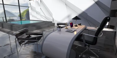 modern office with sleek desk and stylish chairs showcasing a minimalist design style for an efficient workspace, featuring Homestyler's real-time 3D rendering for design proposal visualization.