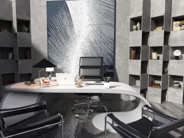modern office interior design featuring a sleek desk arrangement, minimalistic style, creating a productive work environment with Homestyler's real-time 3D rendering feature
