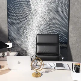 modern office desk arrangement with ergonomic chair and stylish accessories in a contemporary minimalist style, showcasing interior design optimization using Homestyler's real-time 3D rendering feature