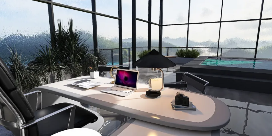 modern office workspace featuring a sleek desk and laptop with a view of an outdoor pool, emphasizing functionality and aesthetics, utilizing Homestyler's real-time 3D rendering for design proposals.