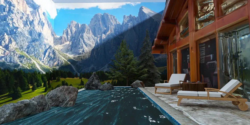 outdoor pool area with lounge chairs overlooking a mountainous landscape, enhancing relaxation in a nature-inspired interior design, featuring Homestyler's real-time 3D rendering for effective design previews.