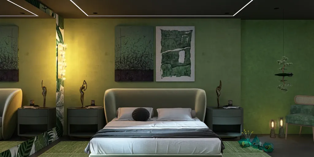 a bedroom with a bed, a lamp, and a painting 