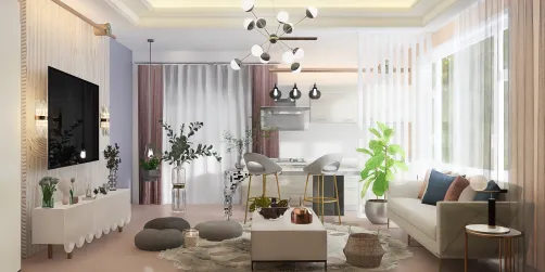 simple living room+small kitchen 