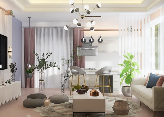 simple living room+small kitchen  Design Rendering