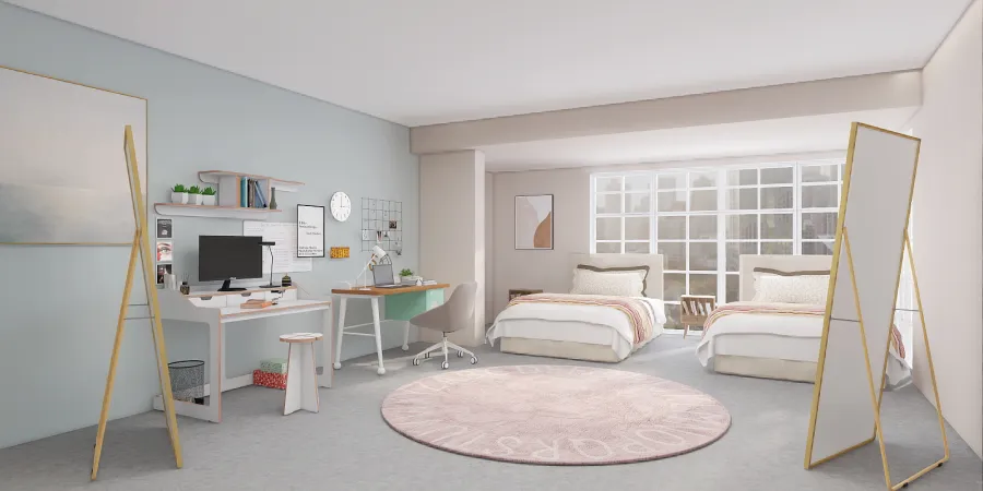 a room with a bed, desk, and a chair 