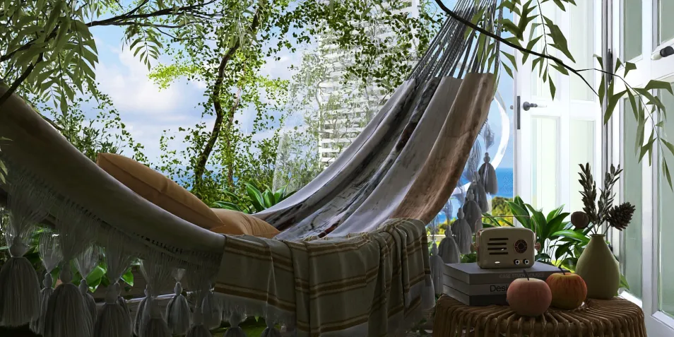 hammock in a serene indoor garden setting providing relaxation with tropical plants and natural light, showcasing interior design trends for a tranquil living space using Homestyler's real-time 3D rendering feature.