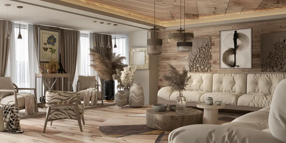 cozy living room featuring a soft couch and stylish armchairs, designed in a contemporary rustic style, showcasing interior decor elements such as wood textures and soft textiles, utilizing Homestyler's real-time 3D rendering for accurate visual previews.