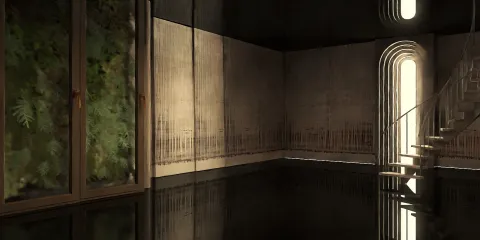 modern interior design featuring a spacious room with a staircase and large windows showcasing greenery, utilizing Homestyler's real-time 3D rendering for visualizing design effects.